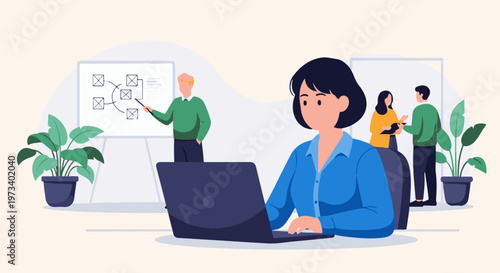 Diverse team collaborates on project strategy with visual aids and laptop work