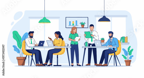 Diverse professionals collaborate in a modern office setting, working at laptops and discussing documents