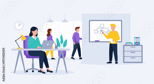 Diverse team collaborates in a modern office, presenting a project plan on a whiteboard