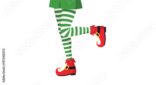 Detailed close up of Christmas elf legs wearing green and white striped stockings and curly red shoes with gold buckles.