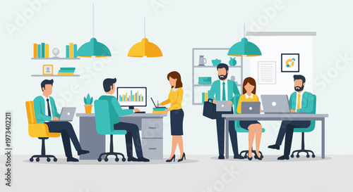 A modern office scene with people working at desks and computers