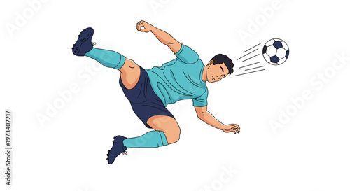 Professional soccer player performing a spectacular bicycle kick to strike a ball in mid air during a football match.