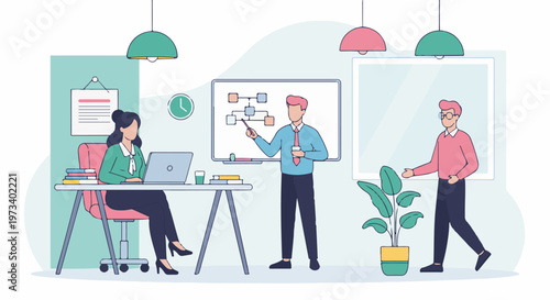 Colleagues collaborate in an office, presenting ideas and working on a laptop