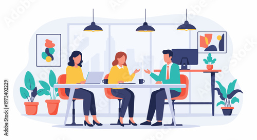 Three diverse colleagues collaborate around a modern table in a bright office setting