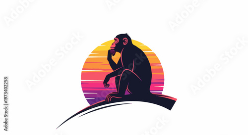 Silhouette of a thoughtful ape against a vibrant sunset