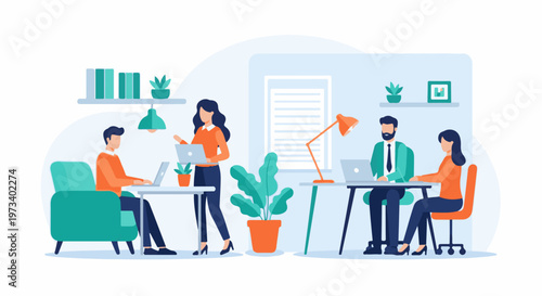 Office workers collaborating and using laptops at desks in a modern workspace