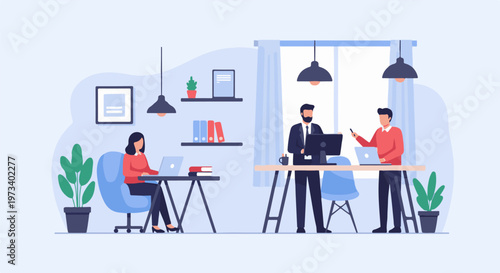 Three professionals collaborating and working in a modern office environment