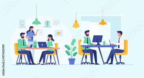 Colleagues collaborating in a modern office setting, working on laptops and computers