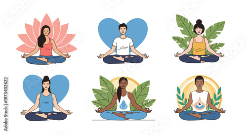 Set of diverse men and women practicing meditation in lotus positions with nature and heart symbols in the background.