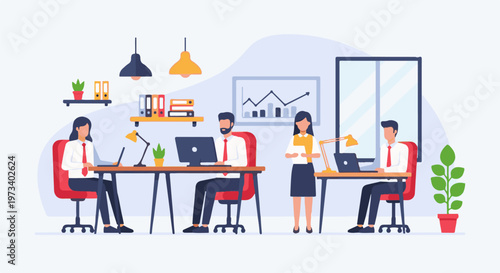 Four colleagues working in a modern office space with computers and charts