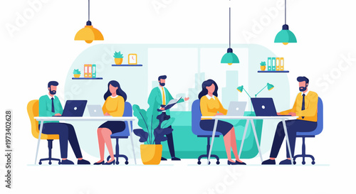 A modern office scene with people working at computers and desks, with plants and shelves