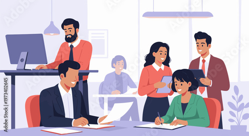 Diverse team collaborating in a modern office, discussing documents and using technology