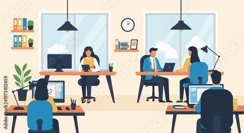 A flat design illustration depicts a modern office with several people working at their desks, engaged with computers and tablets, bright and organized