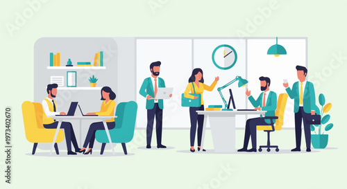 Diverse professionals collaborating and working in a modern office environment