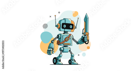 Cute mechanical robot character holding a futuristic sword and wearing a utility belt on an abstract background.