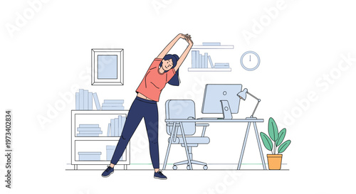 Healthy woman performing stretching exercises at her home office workstation to stay active while working remotely.