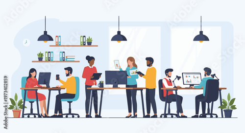 Diverse group collaborates in a modern office space, utilizing computers and discussing charts