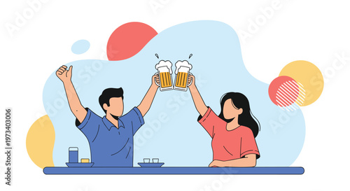 Happy man and woman cheering with large mugs of frothy beer at a bar with colorful abstract background shapes.