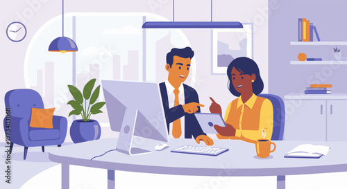 Professionals collaborate on a tablet in a modern office, with a computer and potted plant