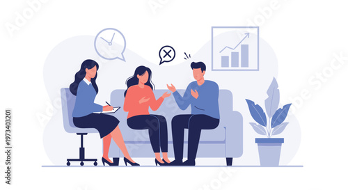 Unhappy couple sitting on a sofa during a therapy session with a professional counselor taking notes in her office.