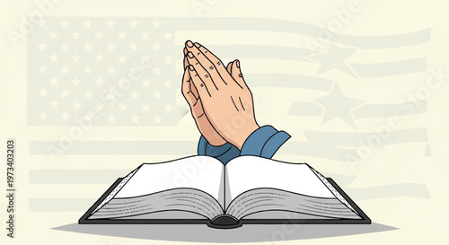 Praying hands, book, American flag background, vector illustration, prayer concept, faith and religion
