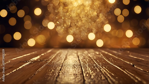 Golden bokeh and bright defocused lights in the city street create a blurred night background with traffic glow and sparkling xmas holiday celebration glitter