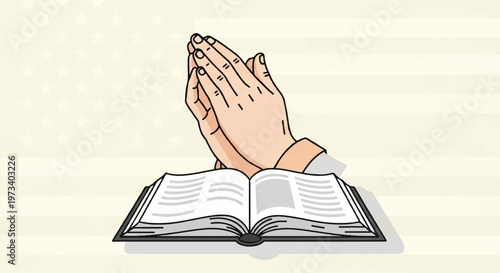 Praying hands, clasped in prayer, book, spiritual vector icon