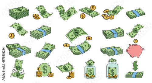 Large collection of money related icons including dollar bills, stacks of cash, coins, and a piggy bank for finance.