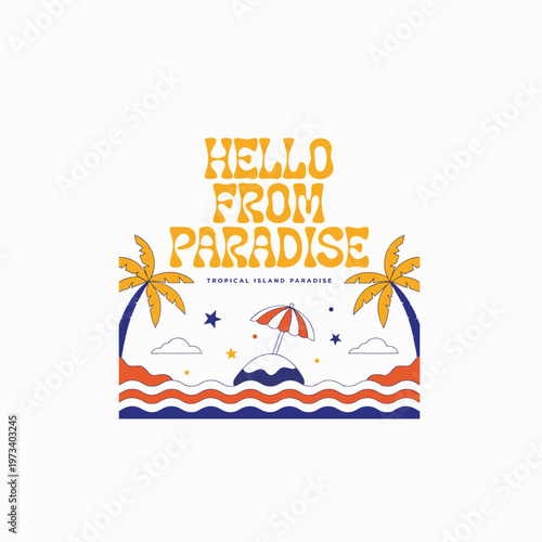 A colorful tropical island paradise graphic with palm trees and beach umbrella