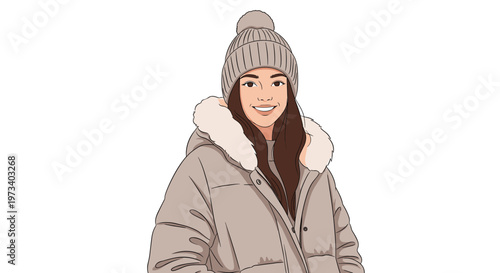 Happy young woman wearing a warm winter coat with fur trim and a knitted beanie hat smiling during the cold season.