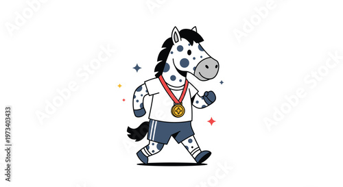 Sporty zebra character wearing a white shirt and blue shorts running with a gold medal around its neck for victory.