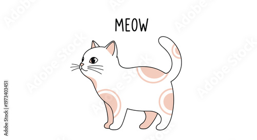 Adorable white cat with pink spots standing and looking up with the word meow written above it in a simple cartoon style.