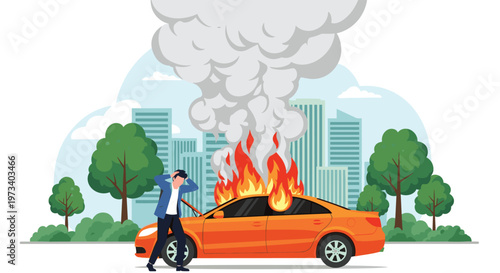 Man holding his head in distress next to his orange car which is on fire with thick smoke rising in a city park area.