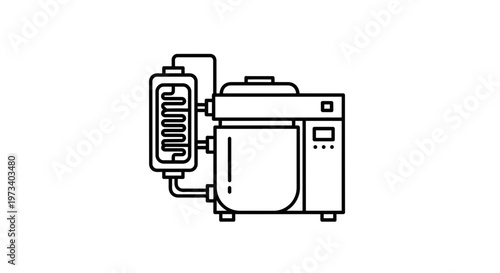 Distillation apparatus with condenser and mixing bowl, industrial equipment line art icon