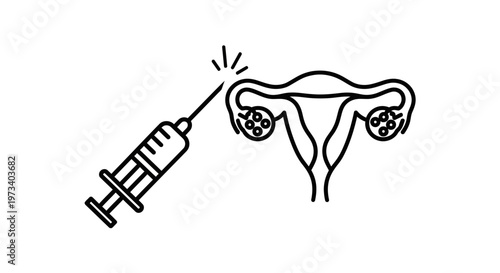 Fertility treatment concept: syringe injecting into ovary, IVF, reproductive health icon