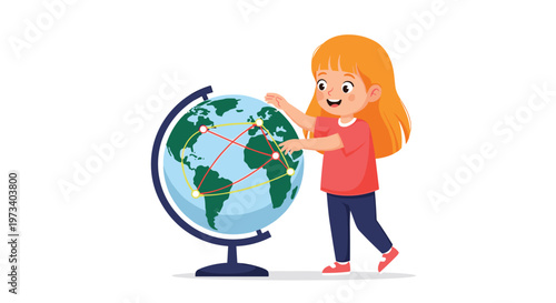 Young girl with orange hair exploring a globe showing network connections across the world for global education concept.