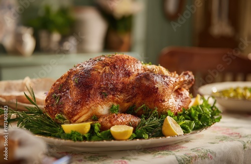 Delicious Roasted Turkey Dinner with Fresh Herbs and Lemon Slices.