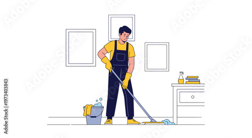 Professional cleaner in overalls mopping a floor in a room with paintings and furniture for domestic cleaning service.
