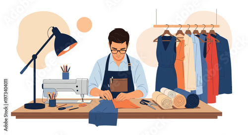 Professional tailor working at a sewing machine in his workshop with fabrics, dresses, and tools in the background.