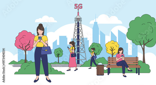 Diverse group of people using smartphones while spending time in a city park under a modern high speed 5G telecommunication tower.