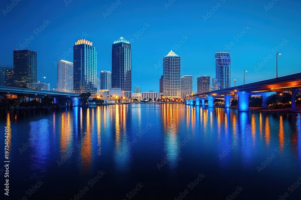 Fototapeta premium Calm twilight city skyline with illuminated high-rise buildings and two bridges casting blue and orange reflections across a serene river