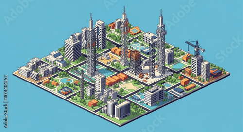 Isometric Miniature Urban City Model With Skyscrapers Towers.