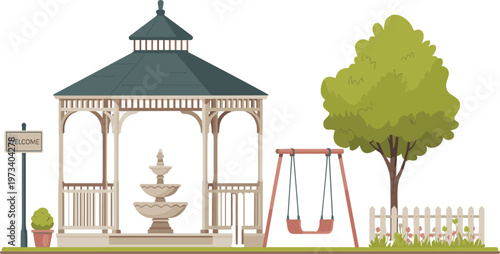 "Outdoor park gazebo with decorative fountain, children’s swing set, large leafy tree, welcome sign, white picket fence, and flower garden"

flat vector illustration