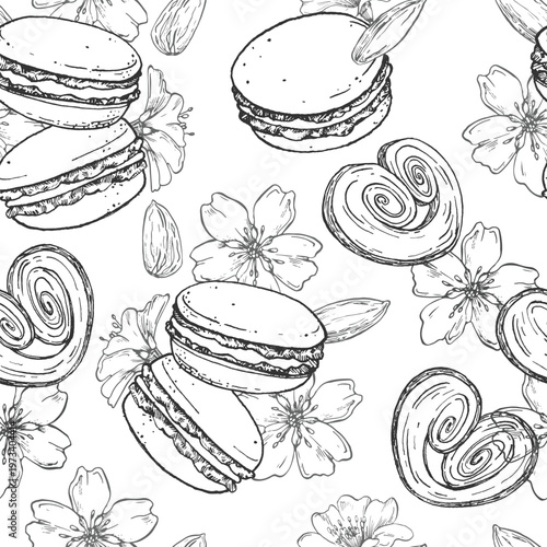 Seamless pattern with macarons, almond flowers. Hand drawn vector background. Template for labels and dessert packaging.