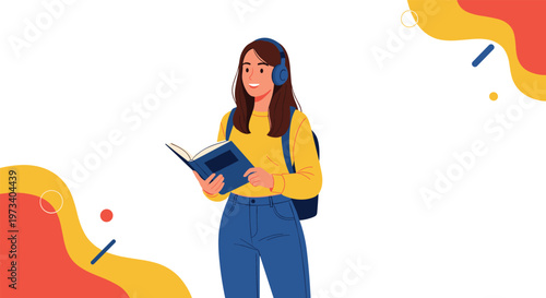 Happy young woman wearing headphones and carrying a backpack while reading a book on a colorful abstract background.