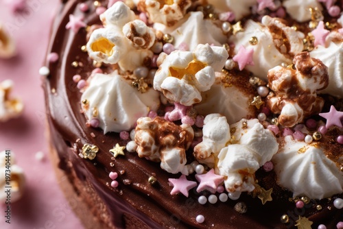Decadent Chocolate Cake Topped with Popcorn and Meringue Kisses.