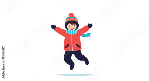 Little boy jumping with joy in winter clothes including a red jacket and striped hat, representing seasonal outdoor play.
