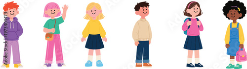 "Happy diverse school children vector illustration, kids smiling with backpacks and casual clothes, multicultural boys and girls standing"

flat vector illustration