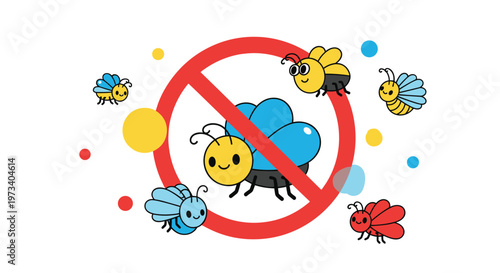 Prohibition sign with a red cross through it surrounded by various colorful cartoon insects indicating bug control or repellent.