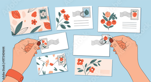 Hands carefully applying postage stamps to various floral envelopes and postcards prepared for sending through the mail.